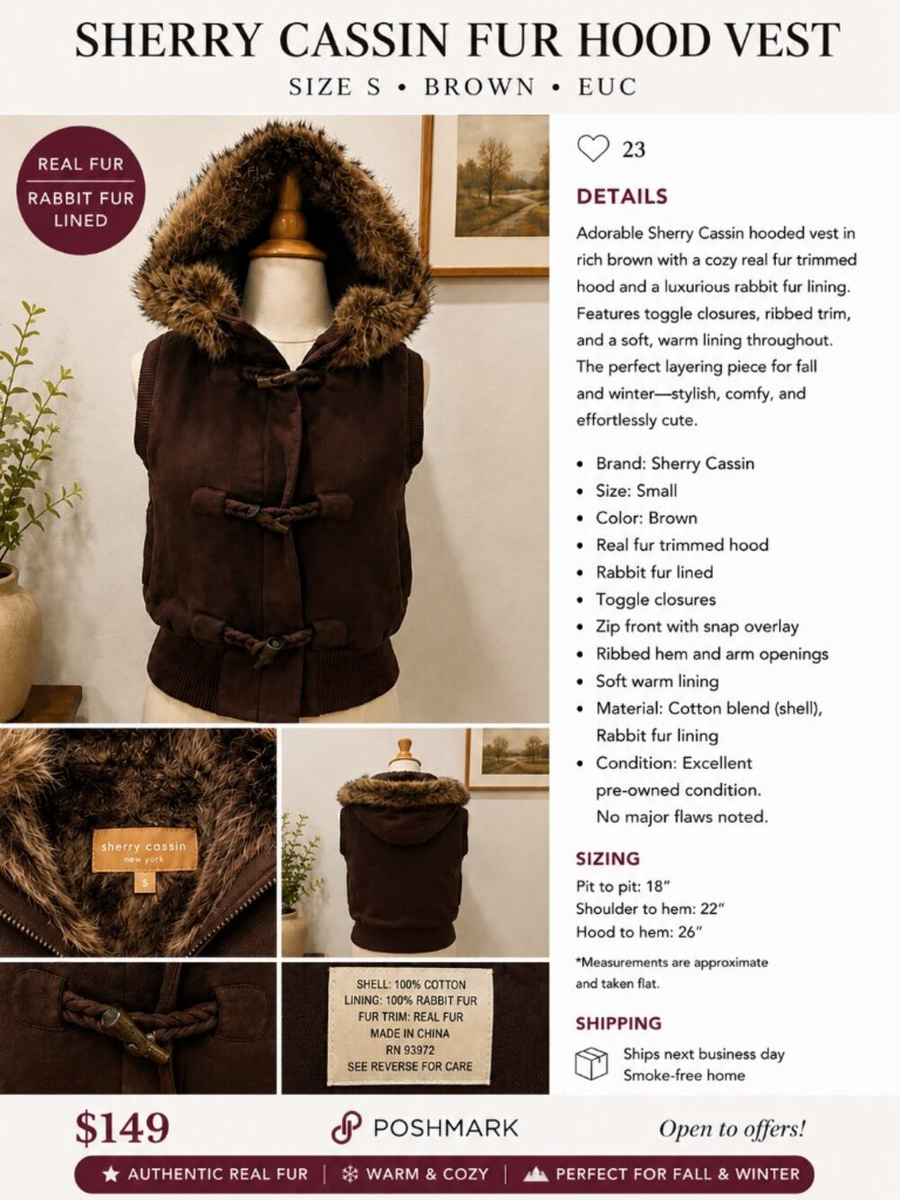 Vintage Sherry Cassin Rabbit Fur Lined Hooded Vest Real Fur Trim Brown Size XS